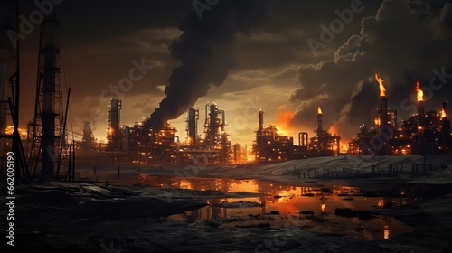 Burning oil refinery