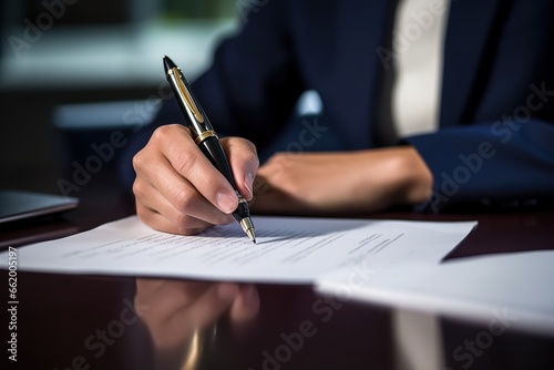 person signing document with pen and paper at table