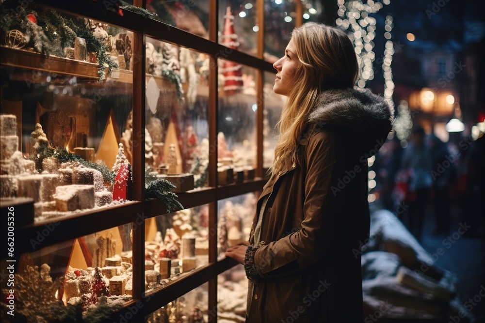 Girl walking in Christmas market decorated with holiday lights in the evening. - obrazy, fototapety, plakaty 