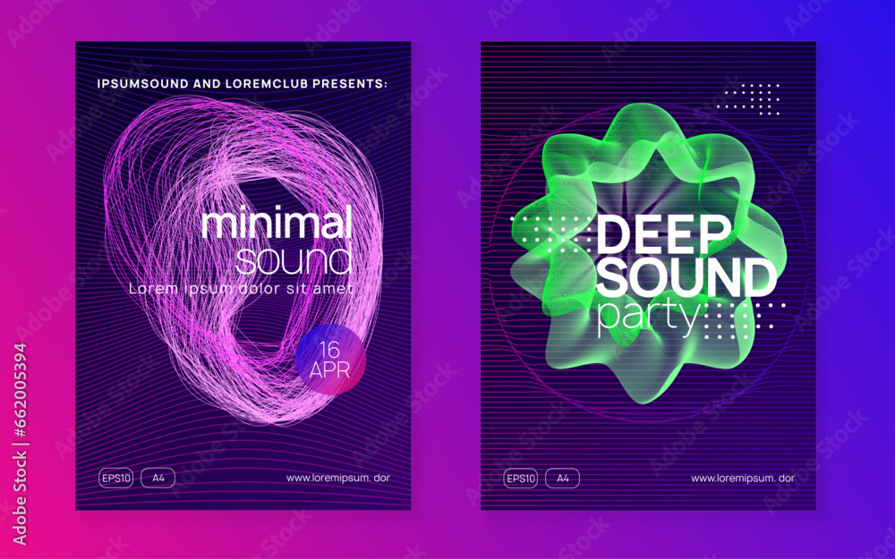 Neon dance flyer. Electro trance music. Techno dj party. Electronic sound event. Club fest poster.