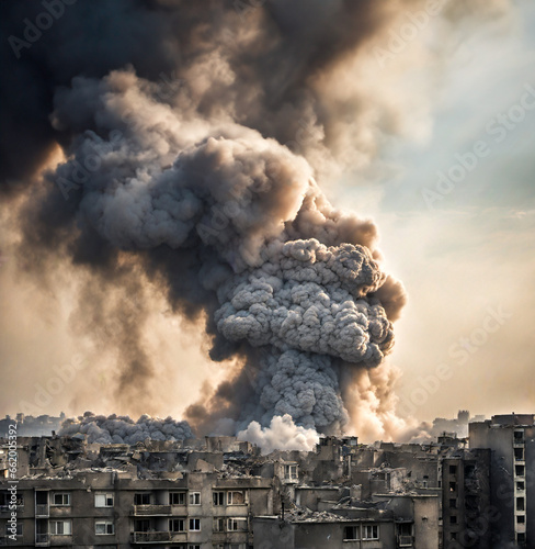 photo-realistic image of a large explosion in a densely populated city. The explosion is a large cloud of smoke and debris billowing upwards.