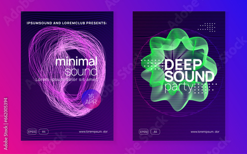 Neon dance flyer. Electro trance music. Techno dj party. Electronic sound event. Club fest poster.