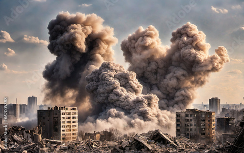 photo-realistic image of a large explosion in a densely populated city, a large cloud of smoke and debris billowing upwards. 