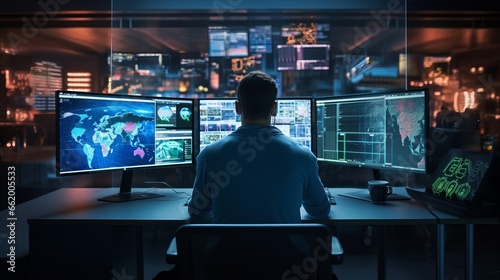 Photo of a man working at a multi-monitor setup