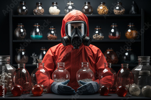 Healthcare person with red Biohazard Suit and gas mask with different kind of medicine bottles in background on International Day of Epidemic Preparedness