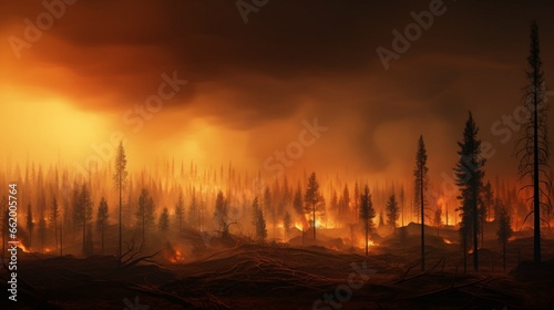 A forest engulfed in smoke from a nearby wildfire  casting an orange hue over the trees.