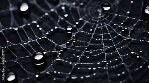 Close-up of spider web texture with dew drops. Nature wildlife wallpaper, macro shot. 