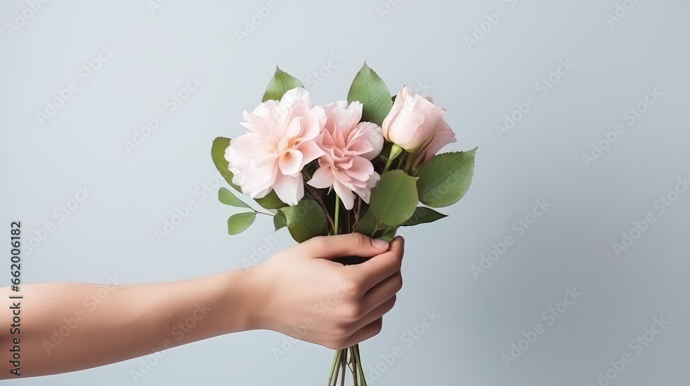 Fototapeta premium Hand holding bouquet of flowers. isolated on flat pastel background, copy space. Fresh flowers, pleasant surprise. Pastel colors. 