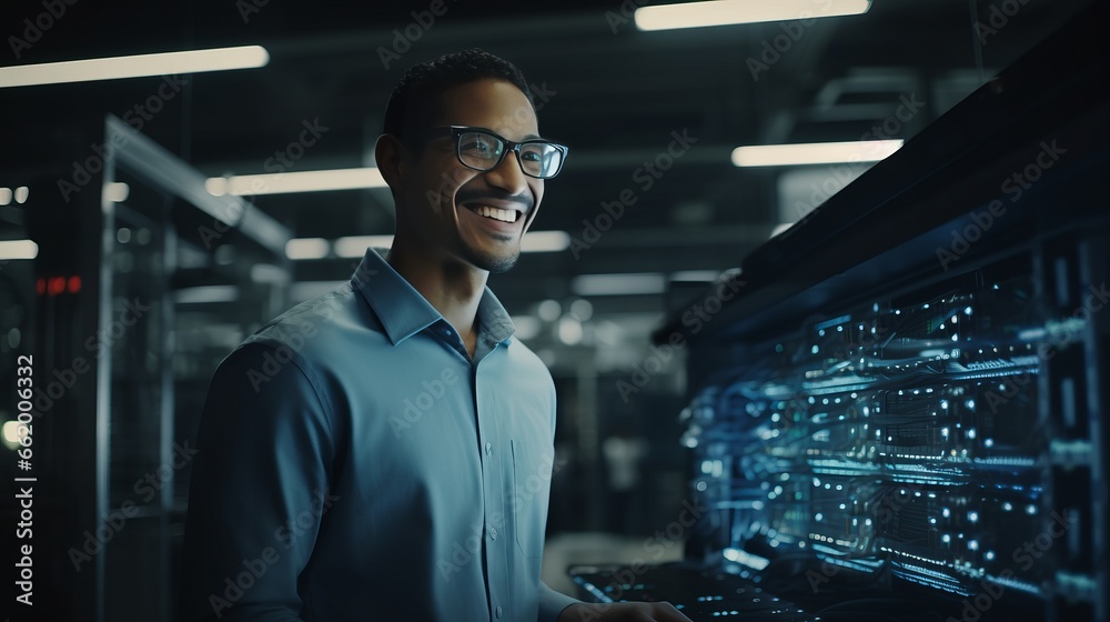 Photo of a man using a computer with glasses on Photo of a man using a computer with glasses on