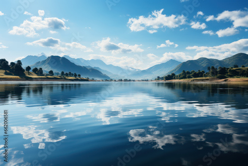A calm, glassy lake reflecting a clear blue sky, creating a serene image. Concept of peaceful lake. Generative Ai.