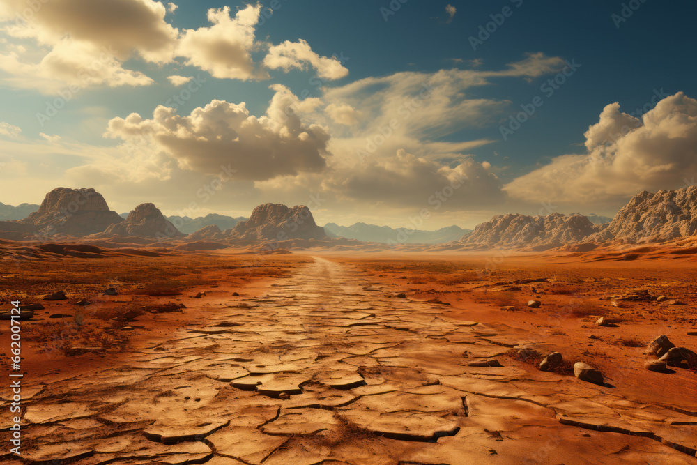 Fototapeta premium A dusty, arid desert landscape shimmering in the scorching sun. Concept of desert heat. Generative Ai.