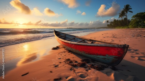 Photo of a vibrant red boat resting on a picturesque sandy beach