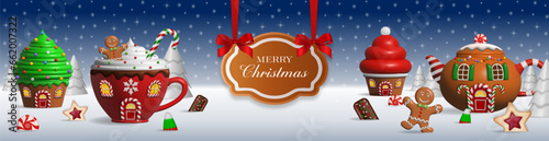 christmas banner with sweets landscape. winter landscape with cupcake shaped houses, hot chocolate cup shaped house, teapot shaped house and gingerbread man