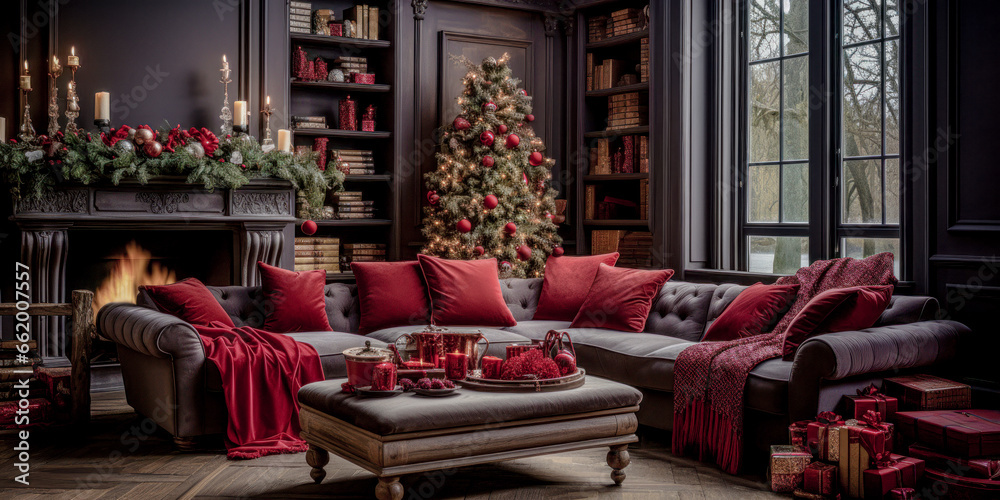 Christmas Decorated and Cozy Living Room in Luxury Apartment Wallpaper Background Digital Art Journal Poster Brainstorming