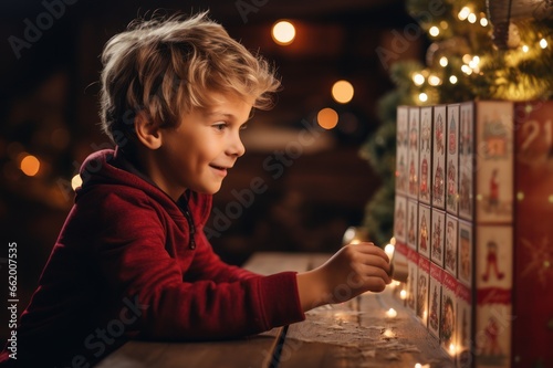Cute smiling little girl opens an advent calendar. Time for Christmas gifts and miracles. Family traditions for Christmas. Girl enjoys Christmas gifts photo