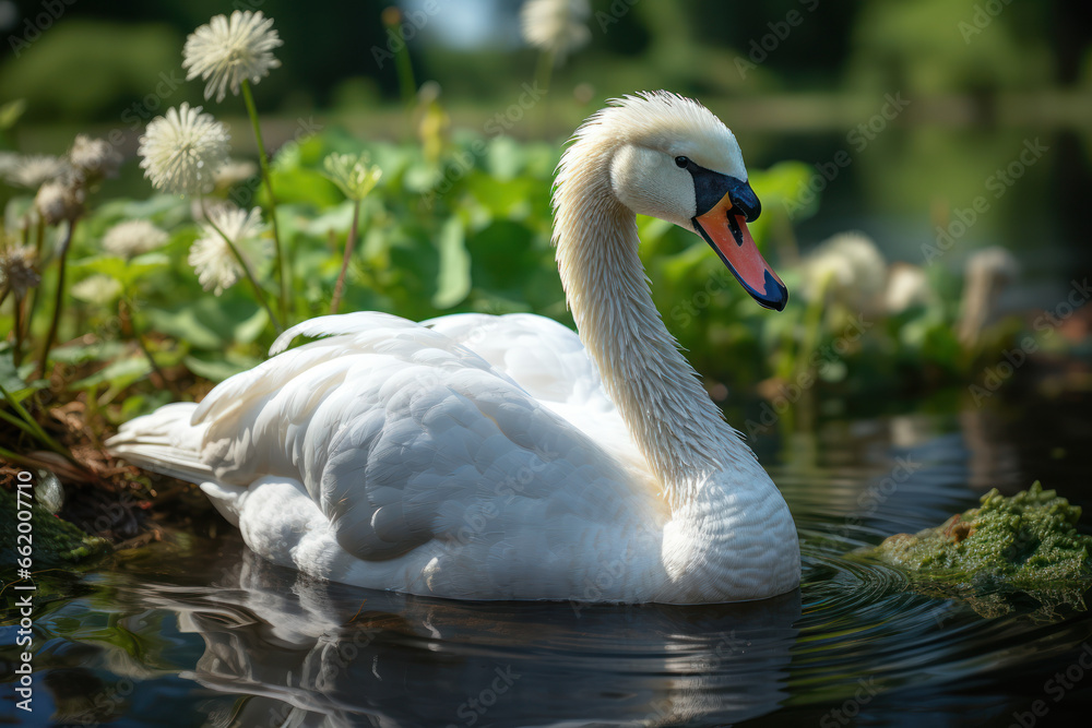 Obraz premium The graceful curve of a swan's neck as it glides across a tranquil pond. Concept of natural elegance. Generative Ai.