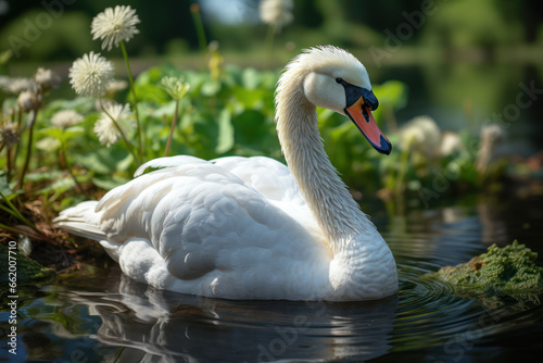 The graceful curve of a swan's neck as it glides across a tranquil pond. Concept of natural elegance. Generative Ai.