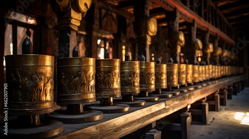 A group of prayer wheels spinning beside a golden Buddha shrine.