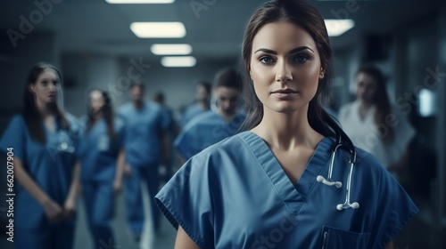 Photo of a healthcare worker in scrubs standing in a hospital hallway © mattegg