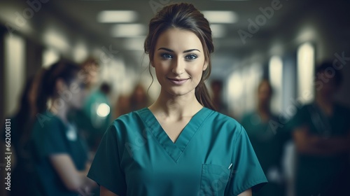 Photo of a healthcare professional in scrubs standing in a hospital hallway