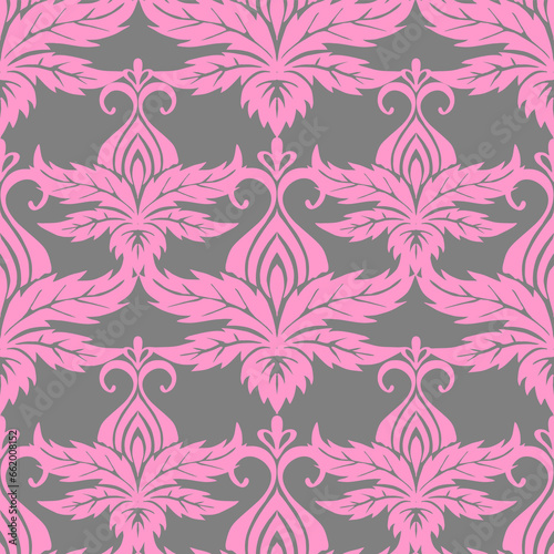 seamless symmetrical pattern of abstract pink plant elements on a gray background, texture, design