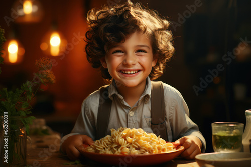 A cheerful child enjoying a nutritious  homemade meal with a wide smile. Concept of healthy eating habits in childhood. Generative Ai.