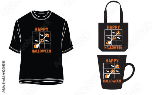 Tic tac toe Happy Halloween Unisex t-shirt, tote bag and mug design.