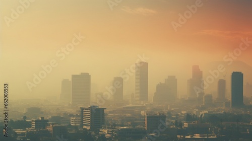 A hazy cityscape with visible smog over the skyline, obscuring tall buildings.