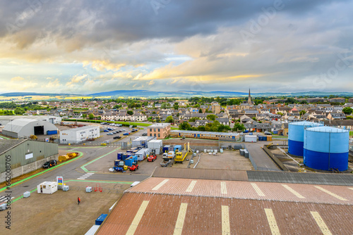 High angle view of the town, countryside and hills from the Scottish Trust Cruise Port of Cromarty Firth in Invergordon, Scotland. photo