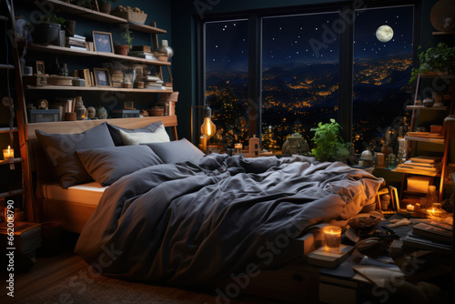 A serene, clutter-free bedroom, highlighting the role of sleep in overall health. Concept of restful sleep. Generative Ai.