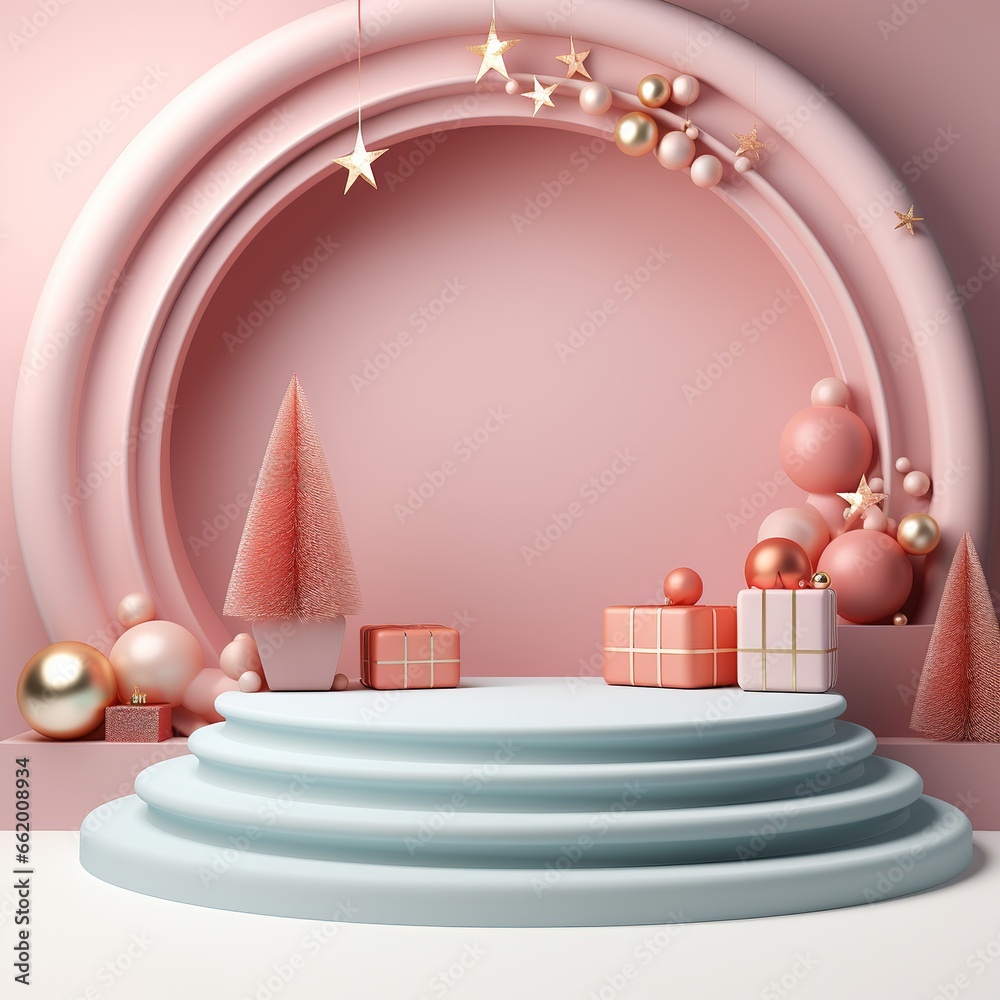 3d render of podium with Christmas tree and gift box on pink background, Ai Generated