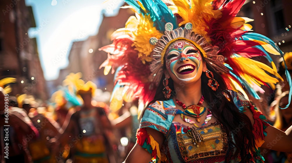 Fototapeta premium woman celebrating the Bolivian carnival, dancing with her colorful and feather mask, Latin American culture and tradition, street carnival, typical Bolivian clothing, native and aboriginal festivals