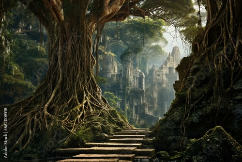 Imposing landscapes adorned with entangled roots of ancient trees. Generative AI