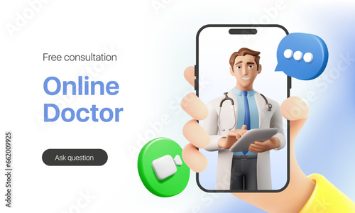 Web banner for clinical online consultations with flying social media icons. 3d character of a doctor in a white coat with a stethoscope and tablet for a landing page. Vector illustration eps10
