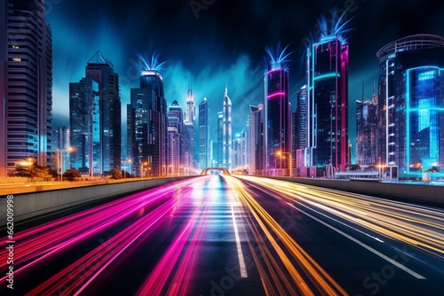 Nighttime cityscape with illuminated skyscrapers and vibrant pink and blue light trails on road. Generative AI