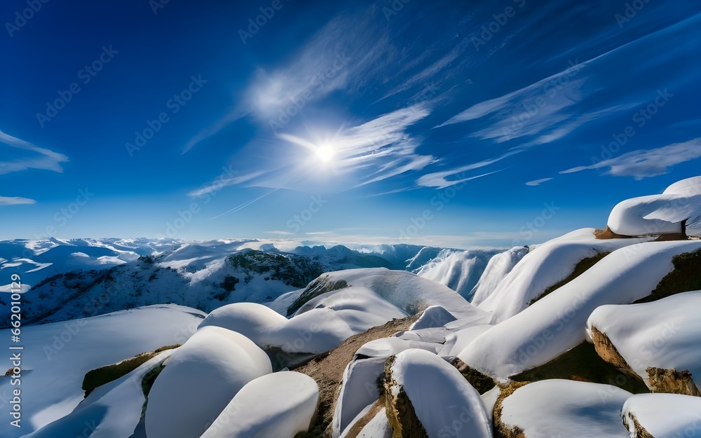 The peaks of the mountains are covered with snow at the top at the end of the day. Blue sky bright sun snow and mountains