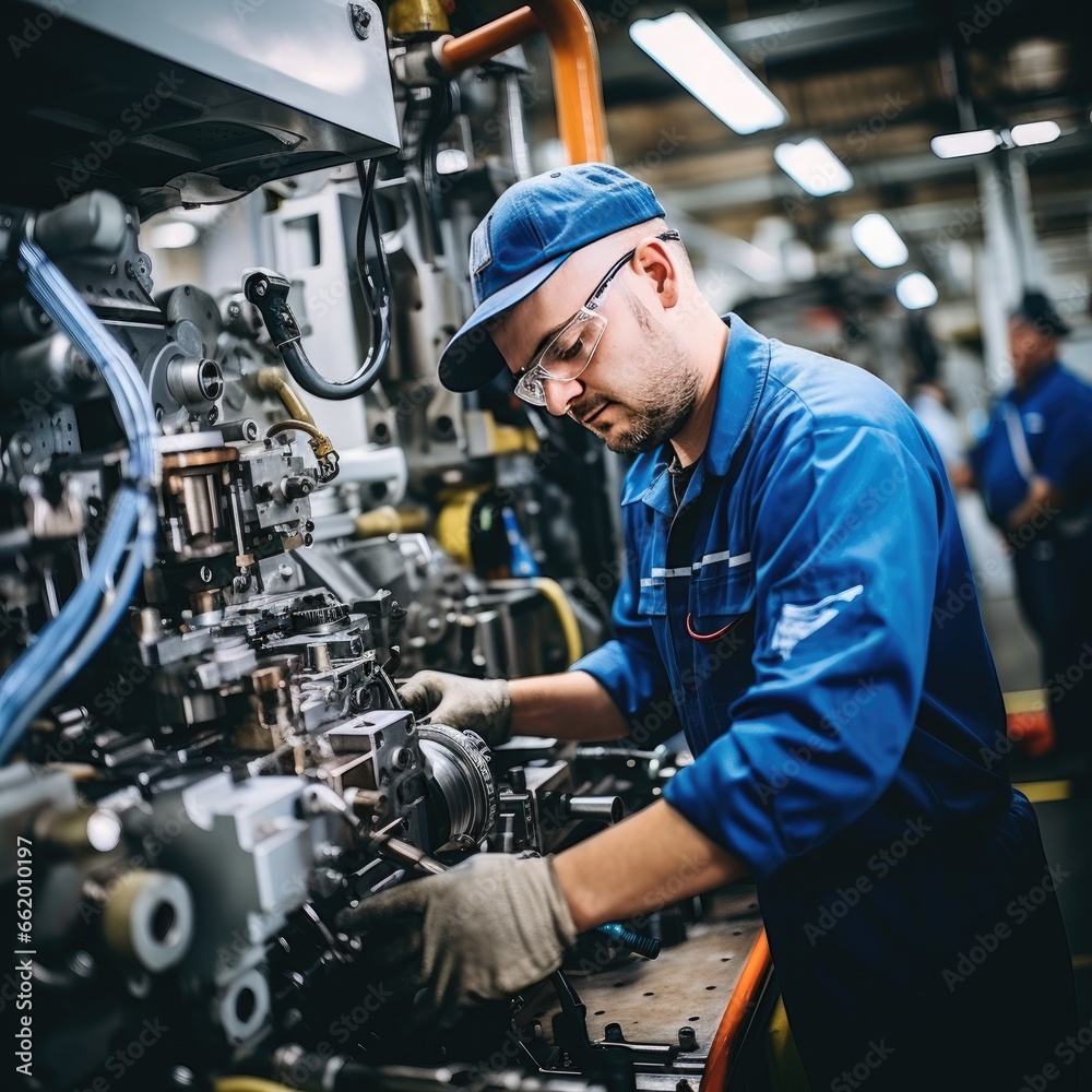 Skilled individuals operating various machines in a manufacturing or industrial Skilled individuals operating various machines in a manufacturing or industrial