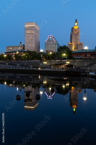 River walk in downtown Providence at dusk photo