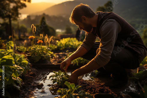 Farmer tending to their organic crops in soil in morning, showcase harmony between sustainable agriculture & soil health, highlighting the importance of responsible farming practices on World Soil Day