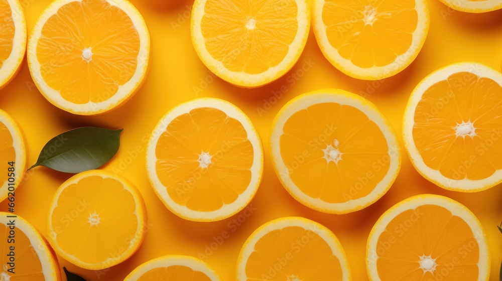 oranges, fresh green leaves and top view on yellow background oranges, fresh green leaves and top view on yellow background