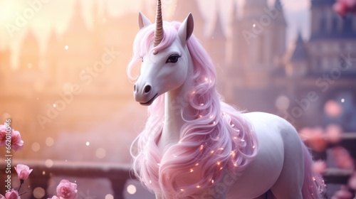 pink unicorn. pink blurred princess castle background