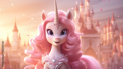 pink unicorn. pink blurred princess castle background
