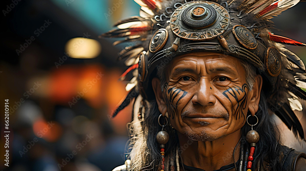 indigenous man with his painted face and feathers, aboriginal culture, life in the jungle