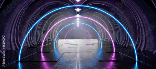 Fototapeta Naklejka Na Ścianę i Meble -  Showroom. Tunnel. Futuristic background. Corridor for your product. Neon Laser. Technology background. Futuristic corridor. Hangar. Garage. Metal. Led lights. 3D Rendering