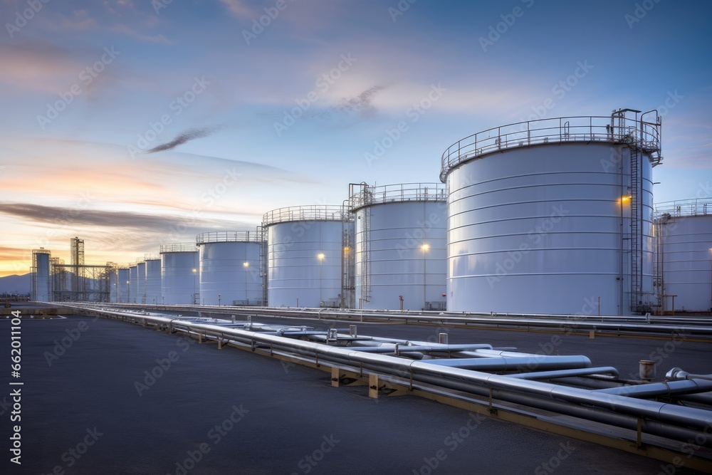 Tank farm with rows of oil storage tanks. Tank farm with rows of oil storage tanks.