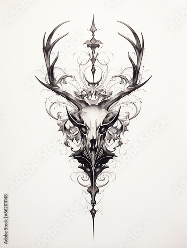 Deer Skull Antlers Skeleton Halloween Dare Pattern of Dried Plants Flowers Grass Branches Tattoo Print Stamp