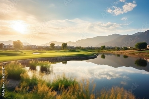 Scenic landscape with a golf course. Generative AI