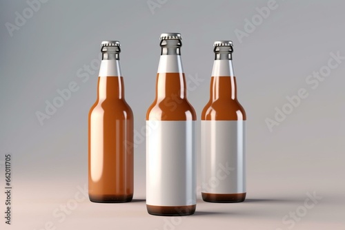 Empty white beer packaging with brown bottles in a 3D-rendered image. Generative AI photo