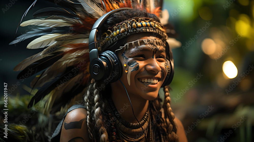 young indigenous man listening to music with her headphones, traditional aboriginal painting and clothing, native culture, Amazon jungle, Latin American tradition