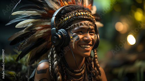 young indigenous man listening to music with her headphones, traditional aboriginal painting and clothing, native culture, Amazon jungle, Latin American tradition